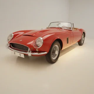 wide shot of a vintage, red, 1960s style sports car, with a glossy finish, in a oil painting style, with warm, golden lighting, and a plain white background