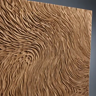 large, approximately 8’ by 4’ rectangular wooden wall panel installation. It features intricate, flowing wave-like patterns carved into the wood, creating a sense of movement and texture. The wood has a natural grain with varying shades of brown, beige, and light tan, giving it a warm and organic appearance. The carving appears to be deep and three-dimensional, with smooth, undulating ridges and valleys that mimic the flow of water or sand dunes., on a plain white background, even lighting