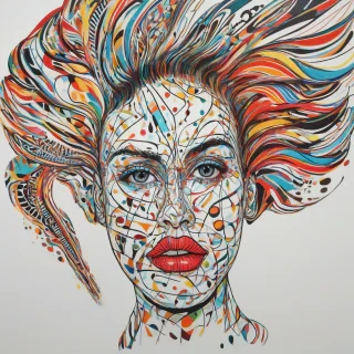 A stylized human head, reminiscent of a Pop Art style, with bold lines, bright colors, and abstract patterns, set against a plain white background, with a neutral facial expression, head shot, on a plain white background, even lighting