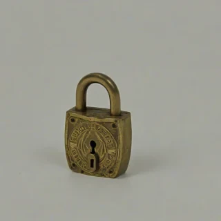medieval style brass padlock,  bright lighting, on a plain white background, even lighting