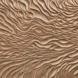 solid large 8’ by 4’ rectangular wooden wall panel installation, intricate wave-like patterns carved into wood, natural grain, warm brown, beige, and light tan, deep 3D carving, smooth ridges, on plain white background