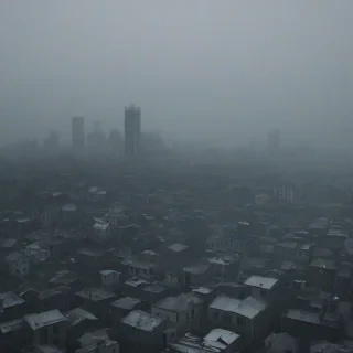 Grimpunk city, wide shot, dark colors, foggy atmosphere, plain white background