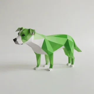 A low poly, green, cute pet, full-body view, on a plain white background, with a simple expression, and a minimalist aesthetic, in a wide shot, with feet visible