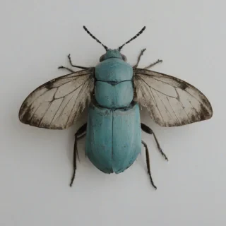 A turquoise-colored insect, such as a beetle or a butterfly, with a grunge aesthetic, including earthy tones and textures, in a full-body view, with its wings and body fully visible, on a plain white background, with a wide-angle shot and soft, natural lighting, on a plain white background, even lighting 