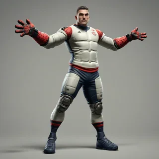A stylized, weird-looking football goalkeeper character standing in a perfect T-pose.
Arms fully extended horizontally, legs straight and slightly apart.
Exaggerated proportions: long arms, slightly oversized gloves, narrow waist, big boots.
Cartoon-meets-semi-realistic style, suitable for a video game character.
Neutral facial expression, slightly goofy or uncanny vibe.
Wearing a modern goalkeeper outfit: padded jersey, shorts, high socks, goalkeeper gloves.
Clean topology, symmetrical body, centered in frame.
No accessories, no background, no ground, floating character.
Full body visible from head to toe.
Unreal Engine / Unity ready, animation-friendly, riggable character.
Plain neutral lighting, studio style., on a plain white background, even lighting