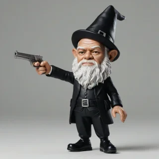 Gnome version of Samuel L. Jackson in a black suit, wearing a pointed hat, holding a pistol outstretched, on a plain white background with even lighting., on a plain white background, even lighting