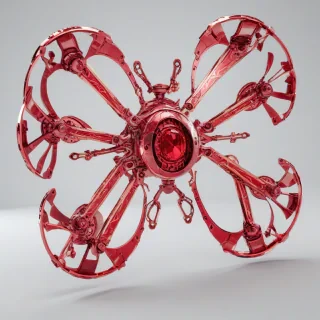 A ruby red drone, with intricate Baroque-inspired designs etched into its metallic body, in a wide shot with its rotors visible, set against a plain white background, with a sense of luxury and sophistication, in a digital art style with high level of detail, on a plain white background, even lighting 