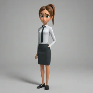 3d cartoon animation of a tall, skinny, lanky, clumsy, messy dressed, young female office worker, with a messy ponytail, big eyes, rounded facial features, full body visible, on a plain white background, even lighting