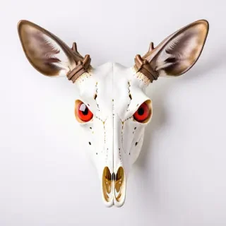 A deer skull with bright red eyeballs in the eye sockets