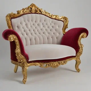 A intricately carved, ruby-red, Baroque-style armchair with gold accents, upholstered in luxurious velvet, placed in the center of a plain white background, with a wide shot to capture the entire piece of furniture, including the legs and the backrest, in a highly detailed and realistic digital art style