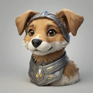 Polygon style puppy warrior bust, floppy ears, light brown fur, happy expression, shiny armor, bright and even lighting, on a plain white background