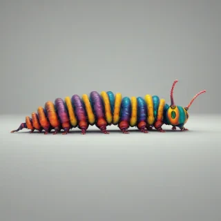 A colorful caterpillar with a plump body, multiple legs, and antennae, in a full-body view, on a plain white background, with a wide shot, and feet visible, in a digital art style with vibrant colors and dynamic shadows, on a plain white background, even lighting 