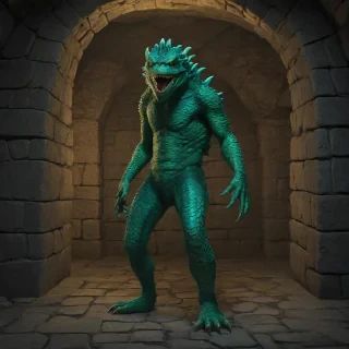 a large, green, scaly monster with sharp teeth and glowing eyes, standing in a dimly lit basement with stone walls and a low ceiling, full-body view, wide shot, feet visible, in a digital art style with bold lines and vibrant colors