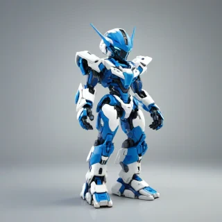 A full-body view of a chibi style mecha figure with a bright blue and white color scheme, standing on a plain white background, with a wide-angle shot, and dynamic shadows, in a digital art style with bold lines and vibrant colors, with the mecha's feet visible, on a plain white background, even lighting 