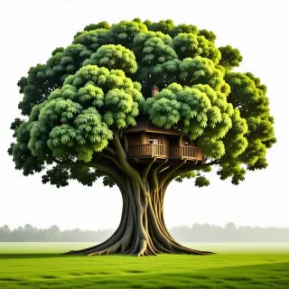 A large tree with a huge treehouse in it