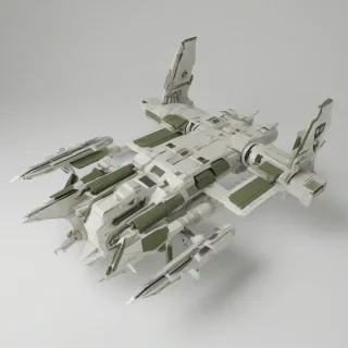 a space station, Khaki, Low Poly, full-body view, on a plain white background, with a wide-angle shot, and dynamic shadows, on a plain white background, even lighting 