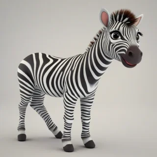 A cartoon style cute baby zebra with a smile, in 3D animation style, full-body view, with bright and vibrant colors, standing on a plain white background, with a wide-angle shot, and dynamic lighting, featuring a small, rounded body, large eyes, and a tiny nose, with a happy and playful expression, on a plain white background, even lighting, on a plain white background, even lighting 