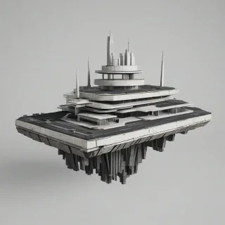 Slate floating island, brutalist architecture, wide shot, plain white background, full-body view, futuristic