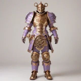 A full-body view of a steampunk-inspired piece of armor, with a dominant lavender color scheme, intricate brass details, and visible gears and cogs, set against a plain white background, in a wide shot, with a soft, warm lighting and a slight steam mist effect