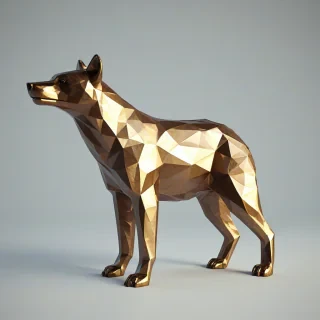 A low poly bronze animal, such as a wolf or bear, with a metallic sheen, standing in a wide shot with its feet visible, on a plain white background, with soft, warm lighting and dynamic shadows, in a digital art style with a focus on geometric shapes and clean lines, on a plain white background, even lighting
