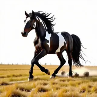 black and white horse full body galloping in a meadow