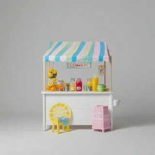 cute kids lemonade stand, only thing in the image,  vivid colors, bright lighting, on a plain white background, even lighting