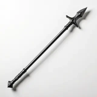 A long polearm melee weapon with a sharp edge and spike, full-body view, on a plain white background, with a wide shot, and feet visible, in the style of a medieval illustration, with dynamic shadows and a hard rim light