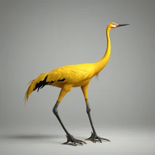 A big yellow crane, full-body view, standing on a plain white background, with a wide-angle shot, and dynamic shadows, in a digital art style with bold lines and vibrant colors, with the crane's feet visible, on a plain white background, even lighting 