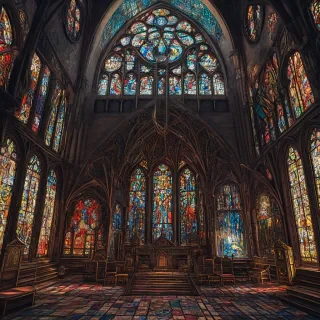 2D cartoon drawing style large throne room with an empty throne sitting at the back of the room, large stained glass windows behind the throne with dragon designs made from the multicolored glass, large hanging tapestries hanging on the side walls that depict images of war, natural lighting from the stained glass windows, eerie aesthetic