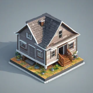 cartoon style cabin on a square grid for isometric game asset, interior visible, on a plain white background with even lighting