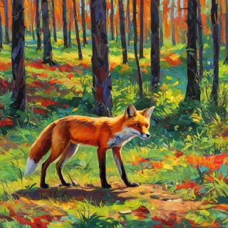 A vibrant, fauvism style, full-body view of a fox, with bold brushstrokes and vivid colors, set in a beautiful forest, wide shot, with the fox's fur a mix of orange, yellow, and red hues, and its eyes a bright, piercing green, with dynamic shadows and backlight