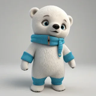 3d cartoon animation, cute baby polar bear dressed in winter clothes, big eyes, rounded features, short body, tiny nose, tiny feet, vivid colors, wide angle shot, feet visible, on a plain white background, even lighting