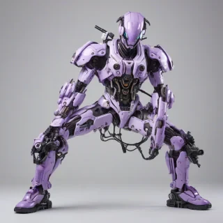 Lavender cyberpunk mech suit, full-body view, plain white background
