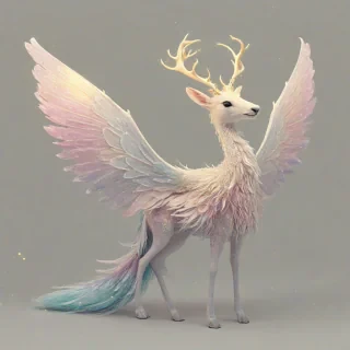 A full-body view of a fluffy, pastel-colored fantasy creature with large, shimmering wings and a long, sparkly tail and lo, standing on ang antlers, plain white background, with soft, warm lighting and a slight glow effect, in a whimsical, dreamy illustration style