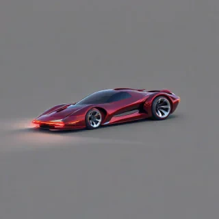 A sleek, ruby-red, futuristic sports car with gull-wing doors, metallic finish, and neon lights, in a wide shot, full-body view, with visible wheels and a plain white background, in a digital art style with vibrant colors and dynamic shadows, inspired by sci-fi concepts, on a plain white background, even lighting
