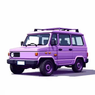 A full-body view of a lavender-colored vehicle, in a pixel art style, with a wide shot, on a plain white background, with bright and vibrant pixels, and a low polygon count, with visible wheels and a distinct vehicle shape