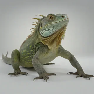 3d hand-drawn, iguana, full body visible from nose to tip of the tail, wide angle shot,, on a plain white background, even lighting
