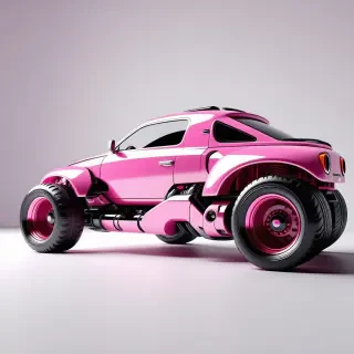 A futuristic, pink-colored, industrial-style vehicle, with metallic accents, in a wide shot, full-body view, on a plain white background, with dynamic shadows and backlight, in a digital art style