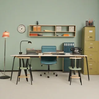 retro style office furniture, plain background, full body view