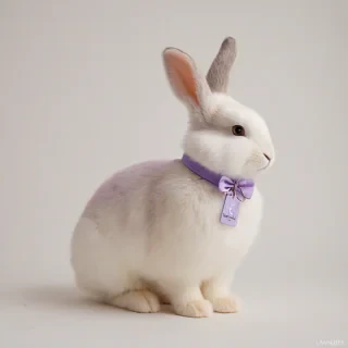 A full-body view of a cute, fluffy pet rabbit with lavender-colored fur, wearing a grunge-inspired collar with a name tag that reads 'Lavender', on a plain white background, with soft, natural lighting and a slight blur effect to emphasize the rabbit's adorable features, in the style of a digital illustration with bold lines and pastel colors, on a plain white background, even lighting 