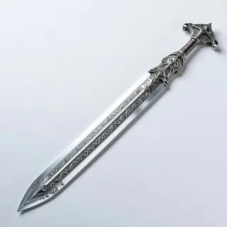 A silver sword with intricate etchings in the blade.
