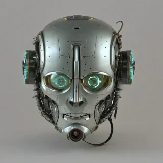 dieselpunk style, robot head, bright lighting, on a plain white background, even lighting