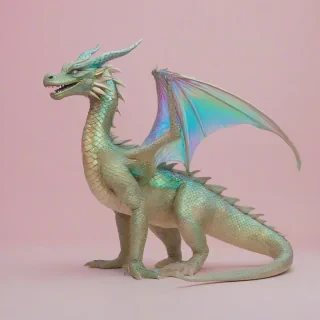 A full-body view of a large, khaki-colored dragon with iridescent scales, set against a plain white background, in a vaporwave art style with pastel colors and a dreamy, nostalgic atmosphere, with the dragon's wings and tail fully visible, and a subtle gradient effect to give the image a retro-futuristic feel