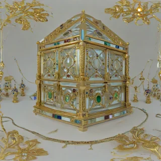 solid gold chest with intricate carvings, glass and gemstone inlays, bright lighting, on a plain white background, even lighting