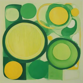 Abstract art with large circles, organic shapes, and squares, featuring bold gradient colors of yellow and green
