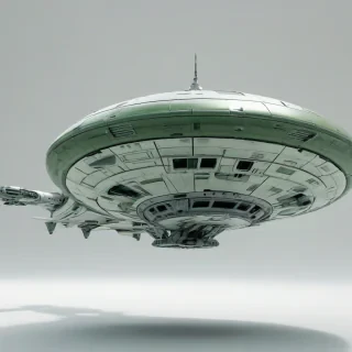 A metallic, army green alien spacecraft hovering in a plain white environment with even lighting., on a plain white background, even lighting