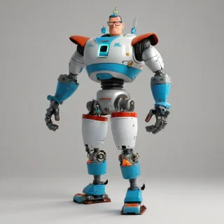 A full-body view of Mecha Hank Hill, a robot version of the character from the animated series King of the Hill, with a metallic propane tank on his back, standing on a plain white background, with a wide shot and feet visible, in a digital art style with bold lines, vibrant colors, and dynamic shadows, with color palette similar to the original Hank Hill character's design, on a plain white background, even lighting