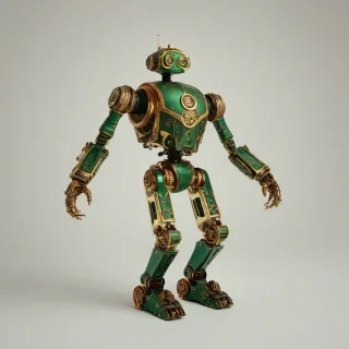 A green, Victorian-style robot with intricate brass details and copper filigree, set against a plain white background, in a full-body view with its feet visible, with a warm, golden lighting and a sense of nostalgia, in the style of a vintage illustration, on a plain white background, even lighting