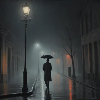 A film noir style painting of a solitary, rain-soaked street at night, with a lone figure in a long coat and fedora walking down the sidewalk, illuminated only by the faint glow of a streetlamp, with bold brushstrokes and vibrant colors, in a wide shot with the figure visible from head to toe, set against a plain white background