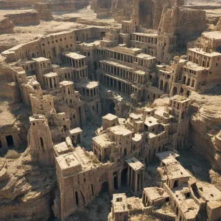 A sun-drenched canyon with an ancient, abandoned city built into its walls and along the canyon floor. The city features weathered stone buildings and tall, crumbling columns., on a plain white background, even lighting